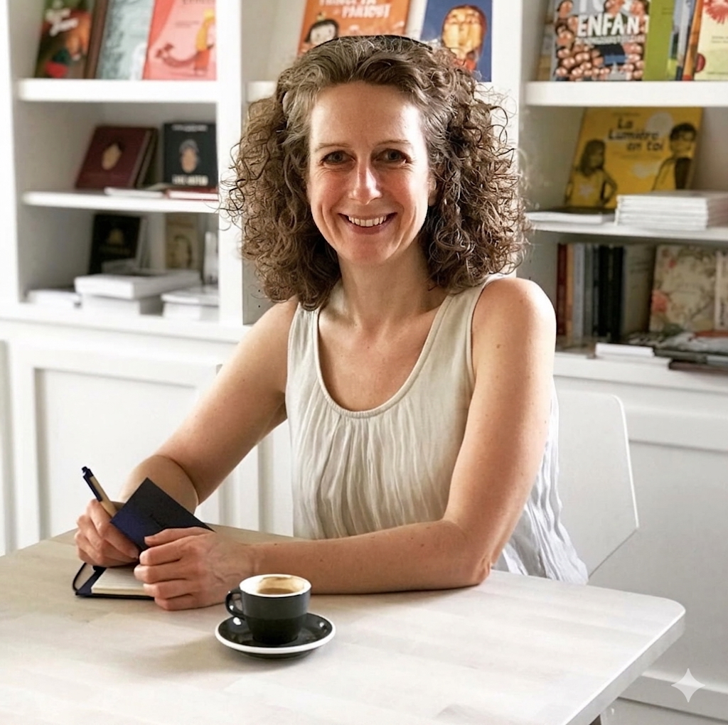 Diane Barbarič, PhD, seated at a wooden table with bookshelves in the background